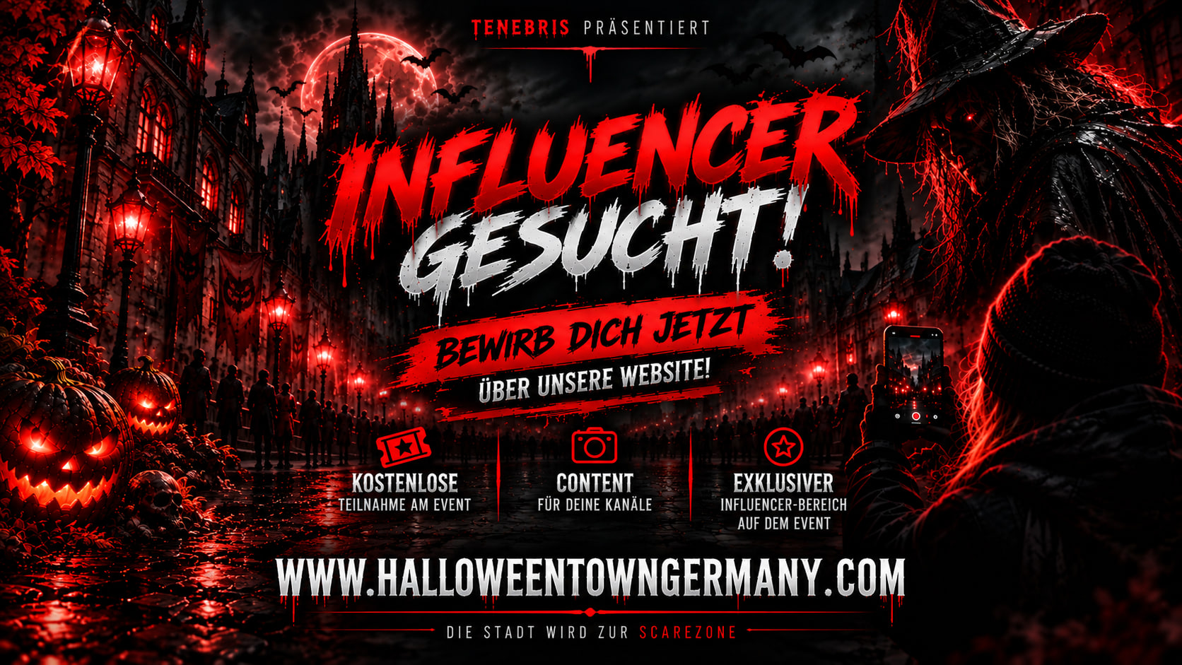 Influencer gesucht! Bewirb dich jetzt über unsere Website: Kostenlose Teilnahme am Event, Content für deine Kanäle und exklusiver Influencer-Bereich auf dem Event. www.halloweentowngermany.com — die Stadt wird zur Scarezone.